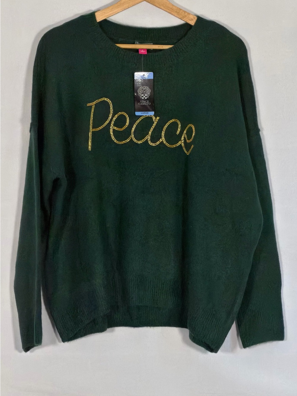 Vince Camuto NWT Green Gold Beaded Peace Holiday Sweater Sz L